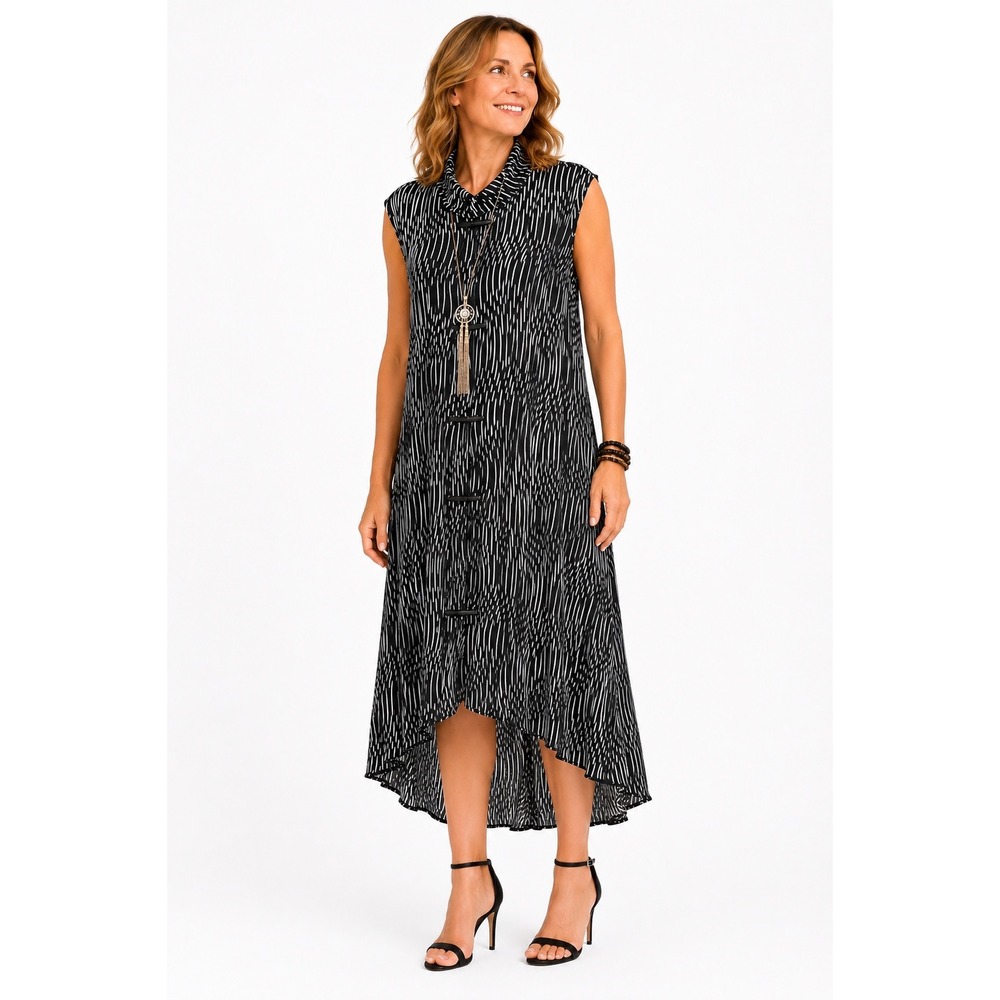 IC by Connie Sleeveless Plisse Midi Dress 2X Toggle Button Abstract Stripe